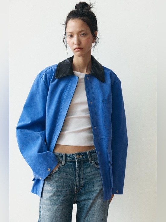 Zara Jackets & Blazers - NWT Zara Electric Blue Suede Jacket with Black Leather Collar